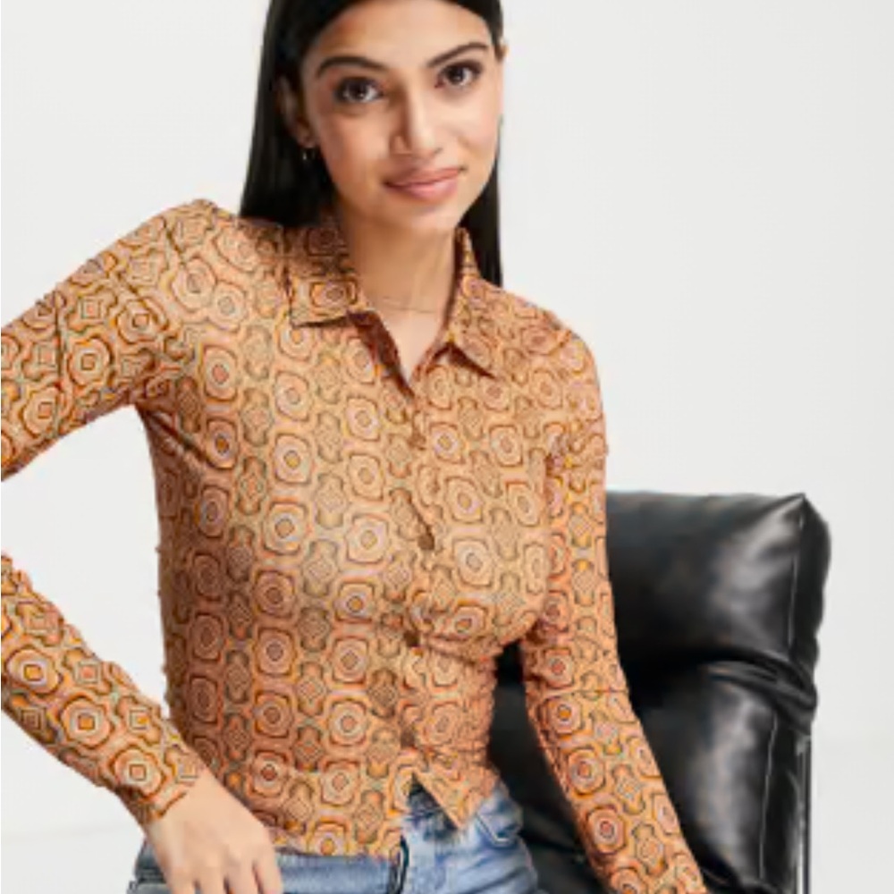 Pull&Bear Geometric Orange Button Down Shirt